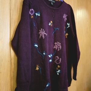 Vintage Purple Floral Embroidered Sweater Large Braun Style
